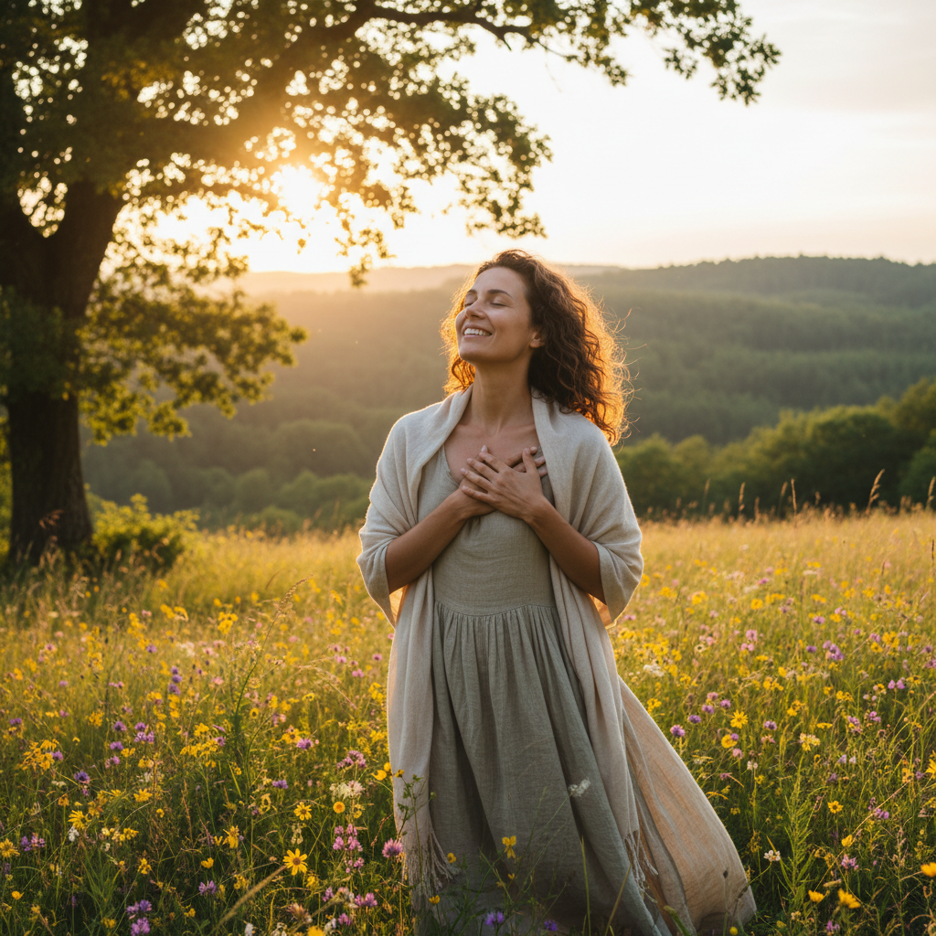 Woman smiling with eyes closed and hands on chest in a sunny wildflower meadow.