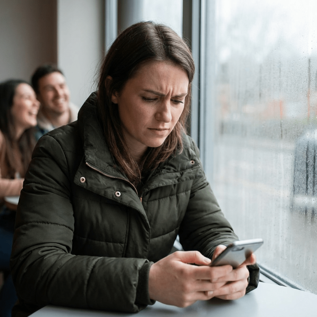 A woman with a worried expression sits by a window looking at her smartphone.