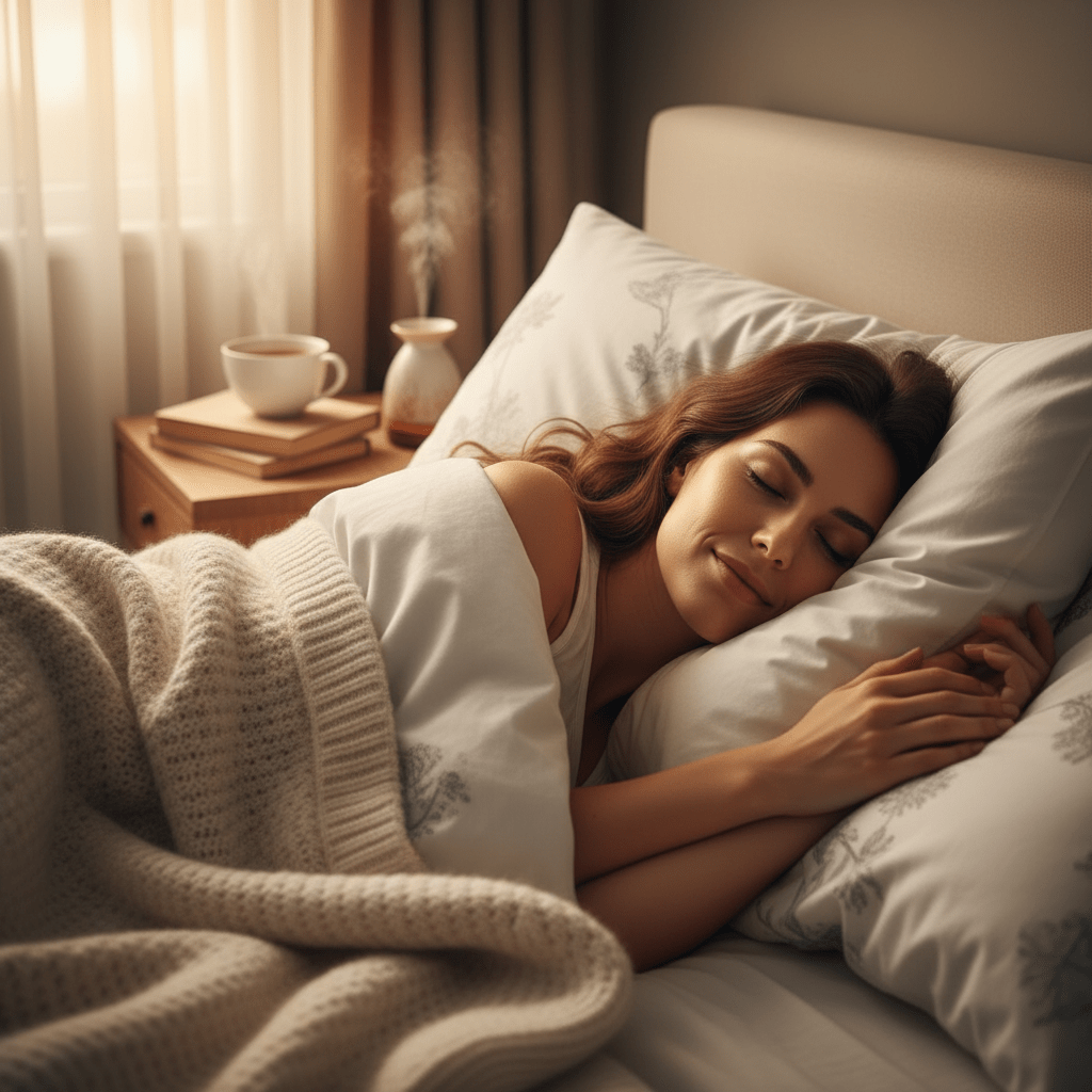 A woman sleeping peacefully in bed with a steaming cup and diffuser nearby.