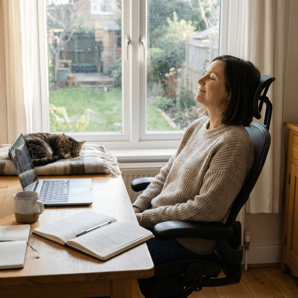 Woman sitting at a desk with eyes closed next to a sleeping cat and laptop.